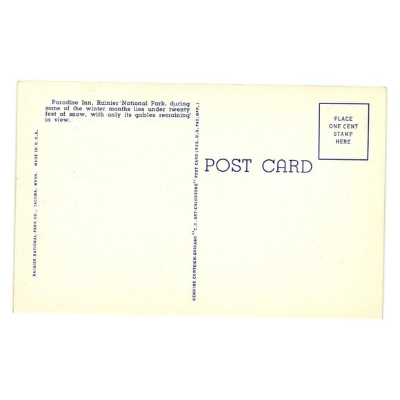 Rainier National Park Vintage Postcard Paradise Inn Winter Mountain 4850 Tacoma - Picture 2 of 2